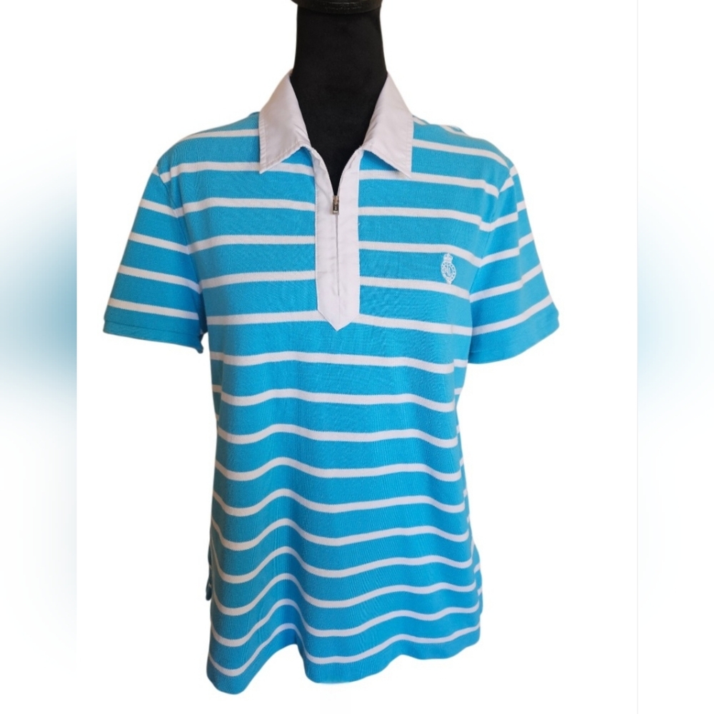 Vintage Lauren Ralph Lauren Active Rugby Blue &White Striped Quarter-Zip Polo XL